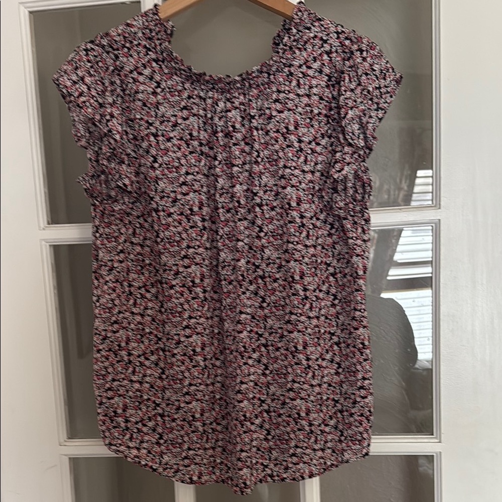LOFT Pink and Black Flutter Sleeve Blouse with Mandarin Collar